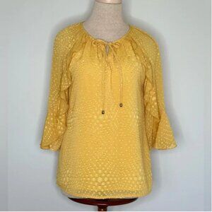 Jade Gold Mustard Chiffon Swiss Dot Split Neck Tie Flutter Sleeves Size Small